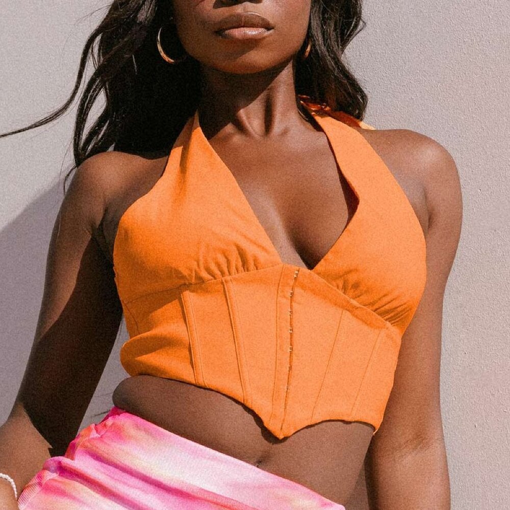 Orange Halter Top with Corset Accent